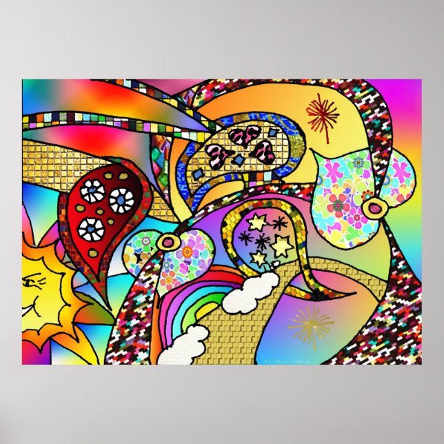 Retro 60s Psychedelic Hearts Paisley Print Poster (Front)