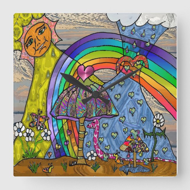 Retro 60s Psychedelic Magic Mushrooms Sq Clock (Front)