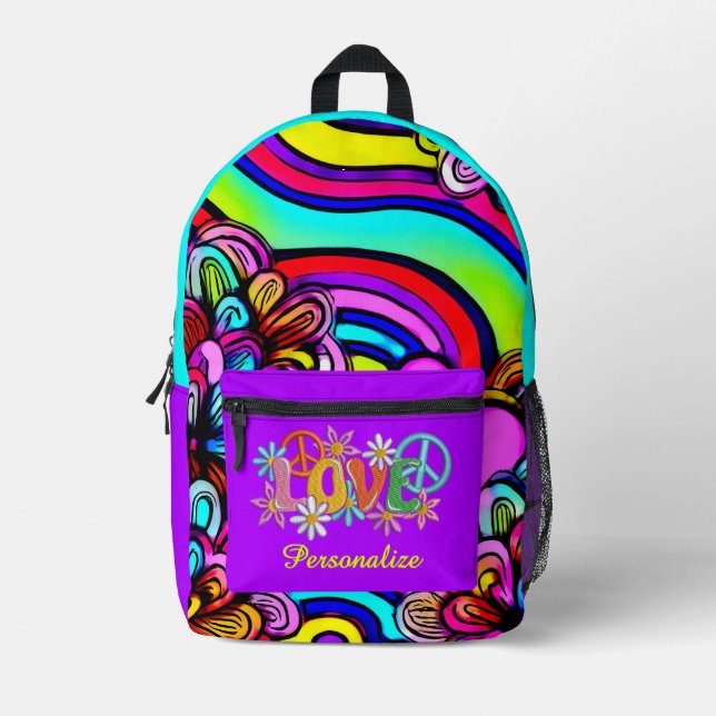 Retro 60s Psychedelic Rainbow Flowers with Love Printed Backpack (Front)