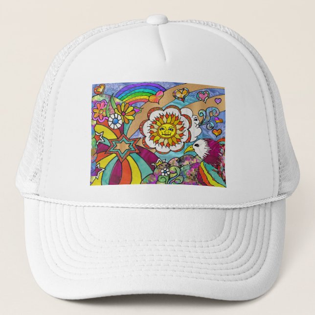 Retro 60s Psychedelic Sunshine Eagle Apparel Gifts Trucker Hat (Front)