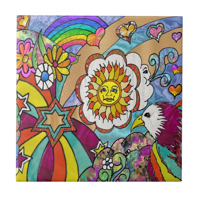 Retro 60s Psychedelic Sunshine Eagle Ceramic Tile (Front)