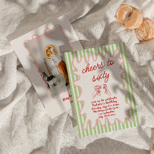 Retro 60th Drawn Colourful Stripes Photo Birthday Invitation