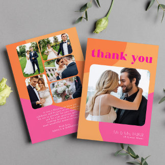 Retro 6 photos orange pink wedding thank you card