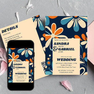 Retro 70ies teal daisy flowers wedding all in one invitation