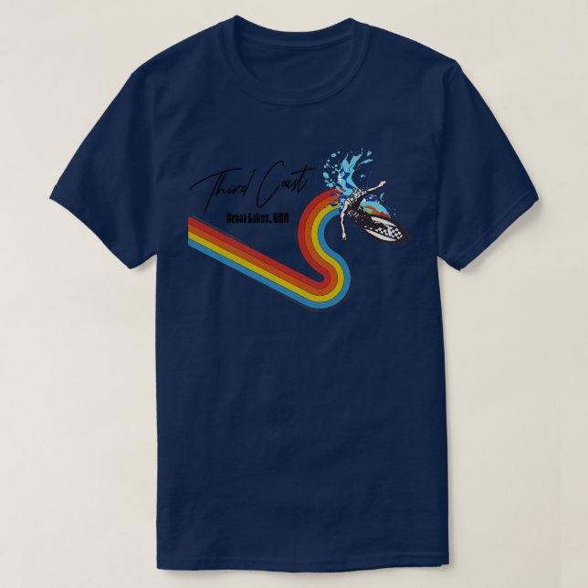 Retro 70s80s Style Rainbow Surfing Wave Third Coas T-Shirt (Design Front)