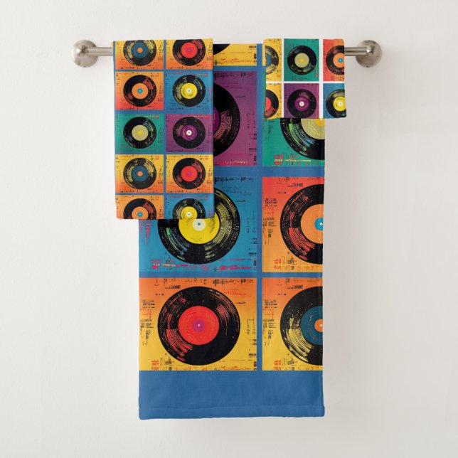 Retro 70s 60s Vinyl Record Album Bath Towel Set (Insitu)