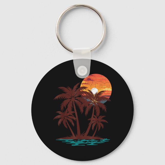 Retro 70s 80s Beach Sunset Palm Tree Summer Vibes Key Ring (Front)