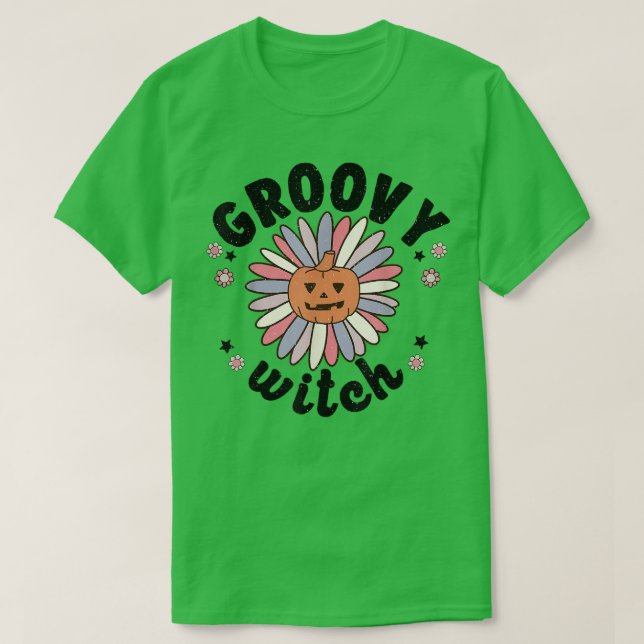 Retro 70s 80s Groovy Witch, Halloween Floral Daisy T-Shirt (Design Front)