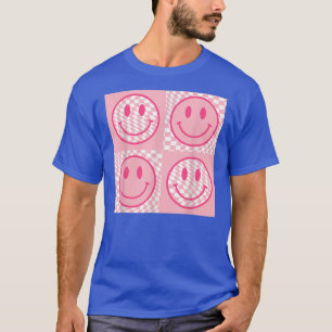 Retro 70s 80s Happy Face Pink Smile Face Chequered T-Shirt