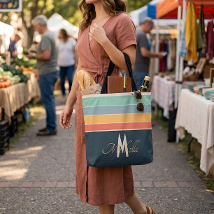 Retro 70s Aesthetic Mid-Century Stripe Custom Name Tote Bag