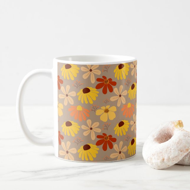 Retro 70's Autumn Flowers Seamless Pattern  Coffee Mug (With Donut)
