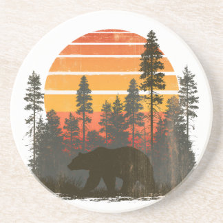 retro 70s bear in forest sunset coaster