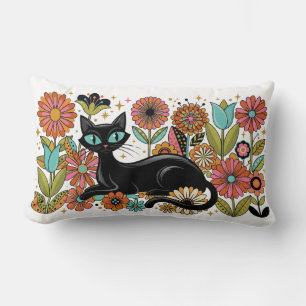 Retro 70s Black Cat Floral Boho Design Lumbar Cushion