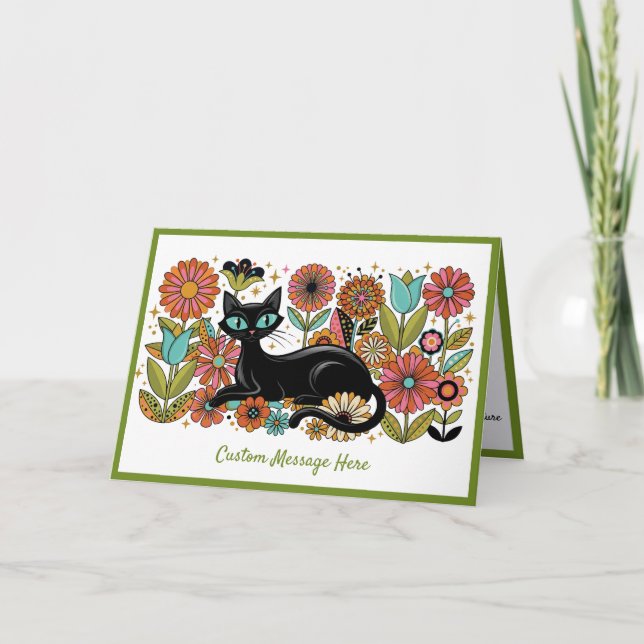 Retro 70s Black Cat Floral Personalised Design Card (Front)
