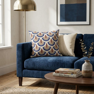 Retro 70s Blue Scallop Peacock Geometric Pattern Cushion