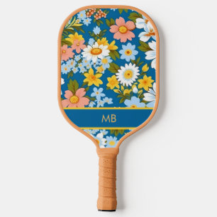 Retro 70's Blue Yellow Ditzy Floral Name  Pickleball Paddle