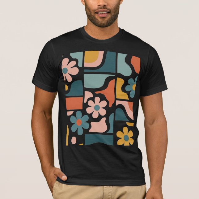 Retro 70s Boho Floral Pattern Groovy Flower Grid T-Shirt (Front)