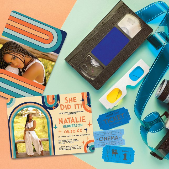 Retro 70's Bold Typography Rainbow Arch Graduation Invitation (Creator Uploaded)