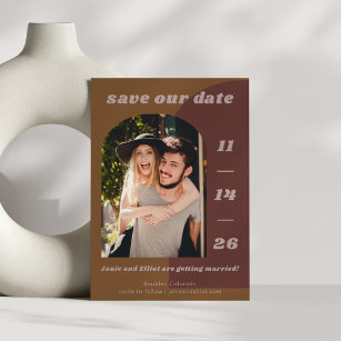 Retro 70s Brown Geometric Couple Two Photo Wedding Save The Date