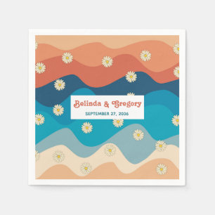 Retro 70's Colorful Rainbow Waves Daisies Wedding  Napkin