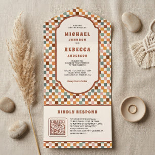 Retro 70's Colourful Chequerboard QR Code Wedding All In One Invitation