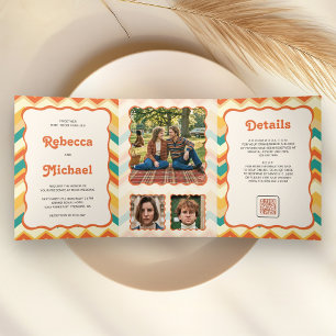 Retro 70's Colourful Chevron Photo QR Code Wedding Tri-Fold Invitation