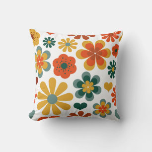 Retro 70's colourful floral and heart motifs cushion
