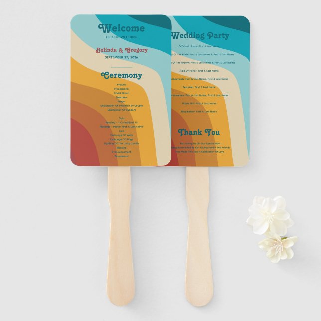 Retro 70's Colourful Rainbow Waves Wedding Program Hand Fan (Front and Back)