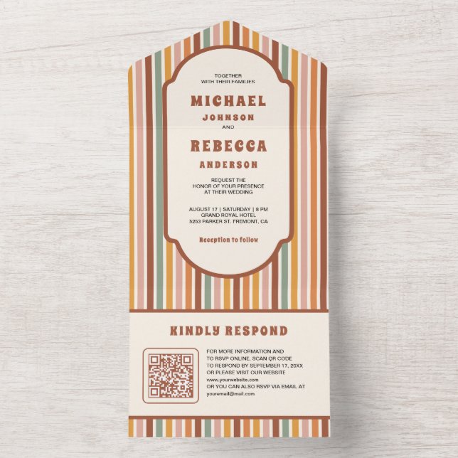 Retro 70's Colourful Stripes QR Code Wedding All In One Invitation (Inside)