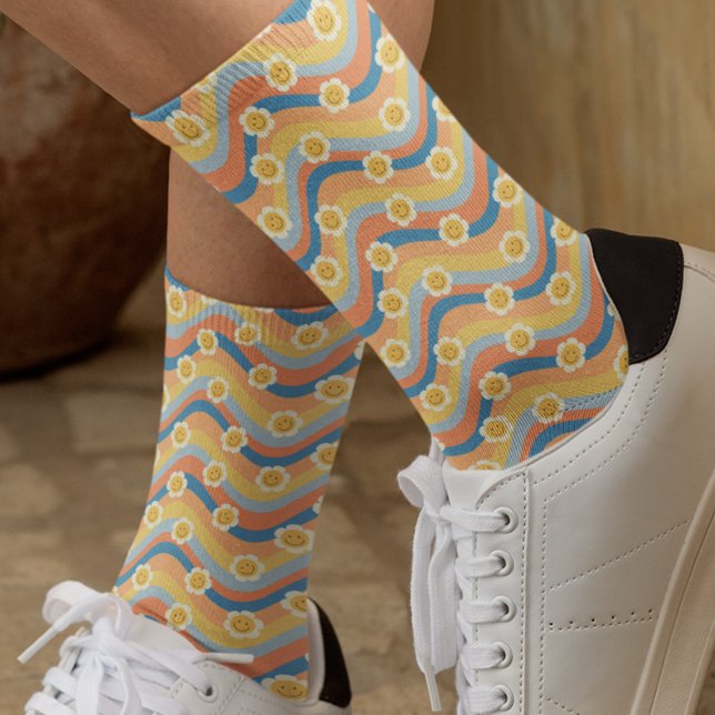 Retro 70s Daisy flower Rainbow stripes Socks (Creator Uploaded)