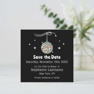 Retro 70s Disco 70th Birthday Party on Black Colou Save The Date