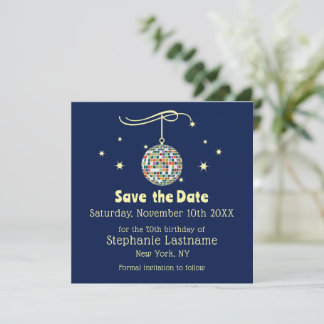 Retro 70s Disco 70th Birthday Party on Dark Blue Save The Date