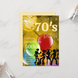 Retro 70's Disco Ball & Balloons Gold Birthday Invitation