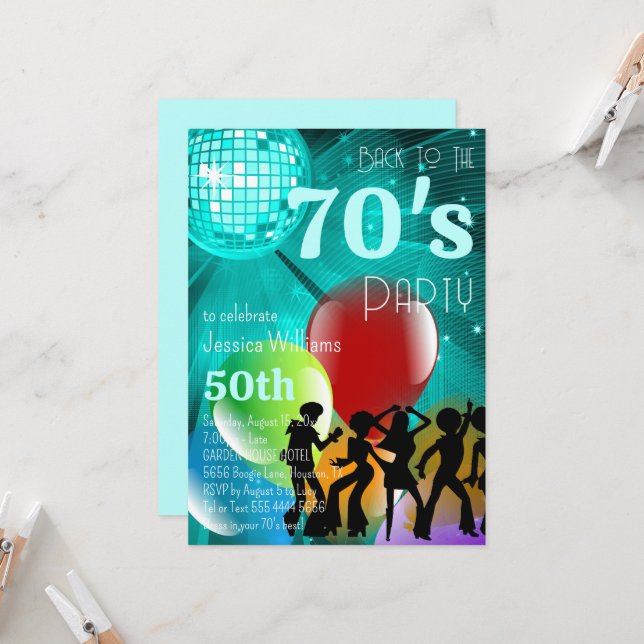Retro 70's Disco Ball & Balloons Teal Birthday Invitation (Front/Back In Situ)