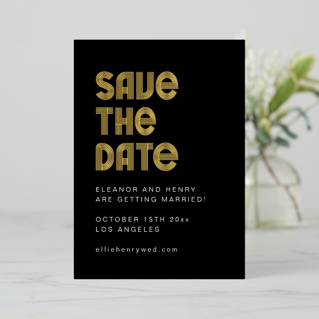 Retro 70s Disco Font Unique Wedding Black Gold (Standing Front)