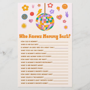 Retro 70's Disco Who Knows Mummy Baby Shower Game Stationery