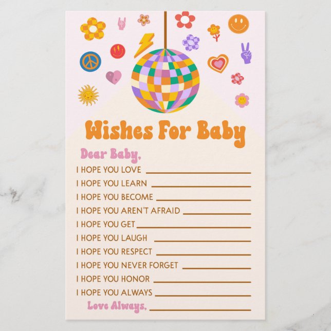 Retro 70's Disco Wishes For Baby Shower Activity Stationery (Front)