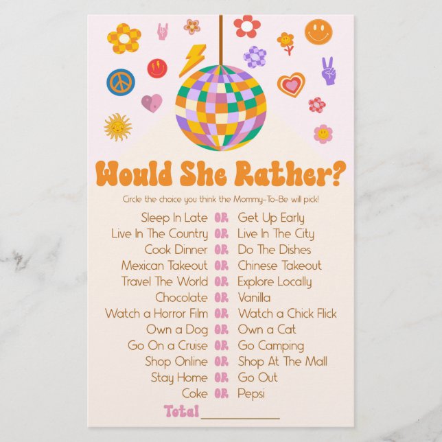 Retro 70's Disco Would She Rather Baby Shower Game Stationery (Front)