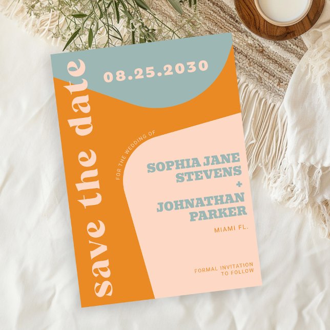 Retro 70s dusty blue orange pink wedding save the date (Creator Uploaded)