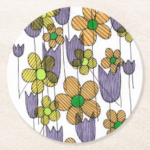 Retro 70s Floral Doodle Pattern Festive Party Coas Round Paper Coaster