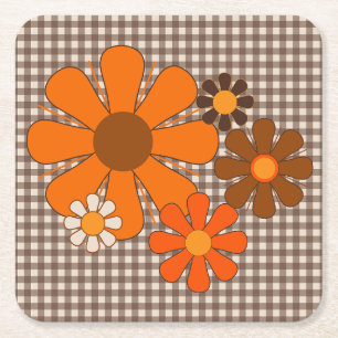 Retro 70s Floral Gingham Vintage Orange and Brown Square Paper Coaster