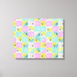 Retro 70s Floral Pastel Pink & Teal Chequerboard Canvas Print