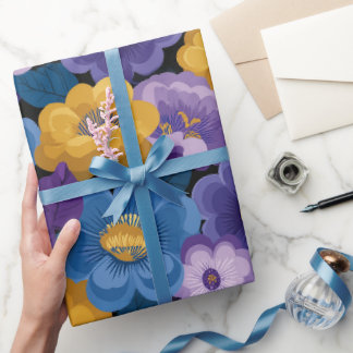 Retro 70s Floral Pattern in Blue Purple and Yellow Wrapping Paper