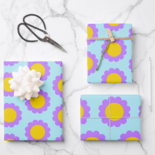 Retro 70s Floral Pattern in Blue Purple and Yellow Wrapping Paper Sheet