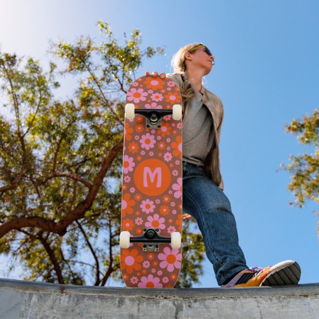 Retro 70s Floral Pattern Personalised  Skateboard (Outdoor 1)