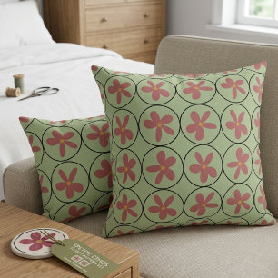 Retro 70s Floral Sage Green and Pink Geometric  Cushion