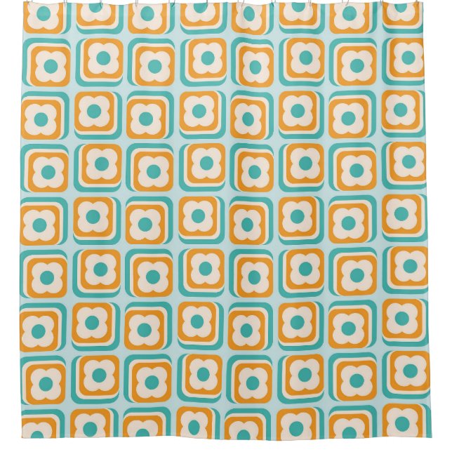 Retro 70s Floral Squares, Aqua, Orange, Teal Shower Curtain (Front)