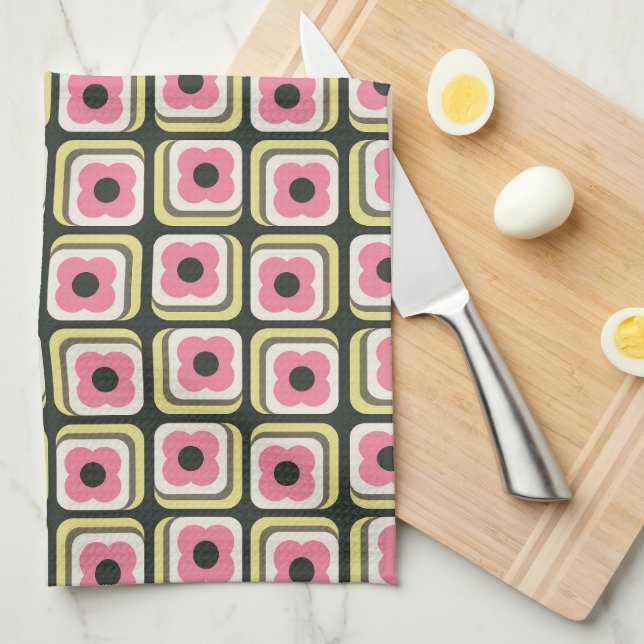 Retro 70s Floral Squares Pink, Yellow, Green Tea Towel (Quarter Fold)