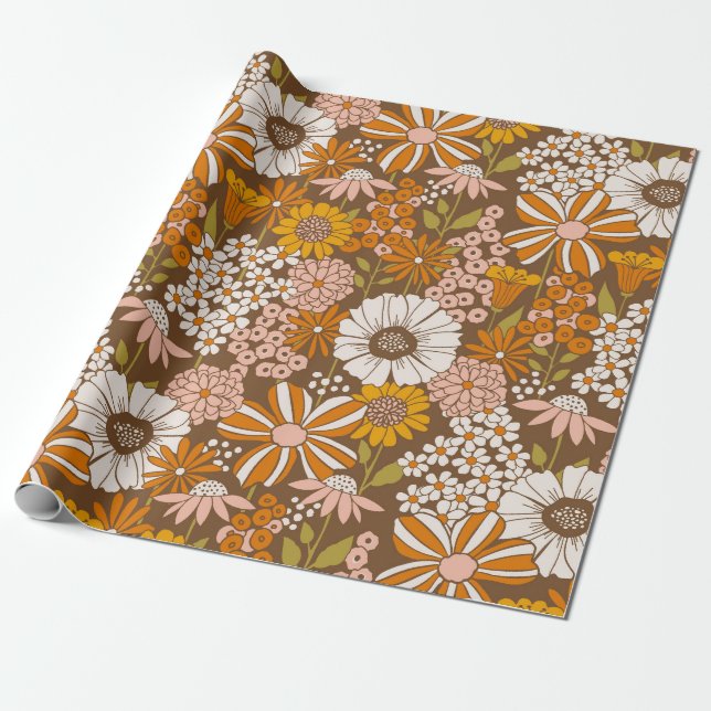 Retro 70s Floral Wrapping Paper (Unrolled)