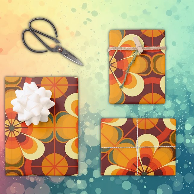 Retro 70s Flower Orange and Burgundy Wrapping Paper Sheet (Creator Uploaded)